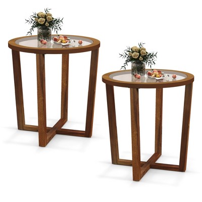 Tangkula 2PCS Modern Round End Table w/ Transparent Tempered Glass Top Solid Wood Legs