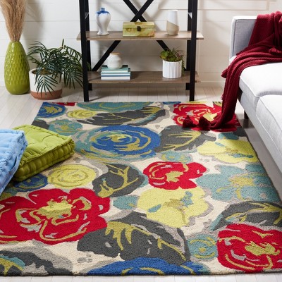 Ivory Floral 4' x 6' Synthetic Handmade Rectangular Rug