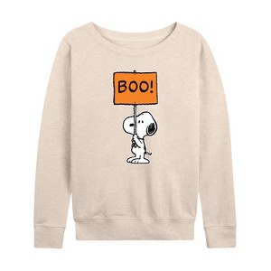 Women's - Peanuts - Snoopy Boo Sign Lightweight French Terry Wide Neck Long Sleeve Shirt - 1 of 4