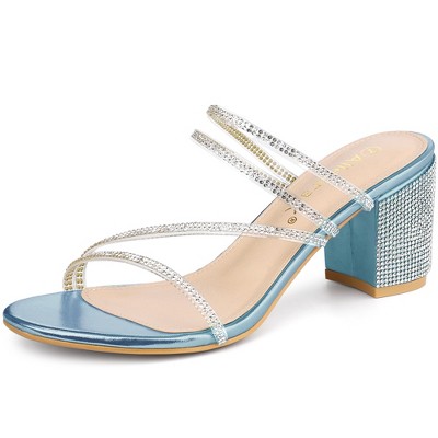 Allegra K Women's Strappy Rhinestone Block Heel Slide Sandals Sky Blue 6