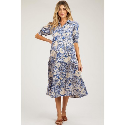 PinkBlush Blue Floral Collared Tiered Maternity Midi Dress