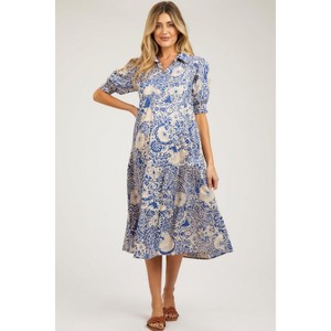 PinkBlush Blue Floral Collared Tiered Maternity Midi Dress - 1 of 4
