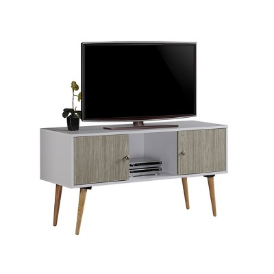 Hodedah Import HITV435 Mid Century Modern Retro TV Stand Console with 2 Storage Cabinets and Open Shelving for TVs Up To 60 Inches, White and Gray