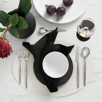 White and Black Vegan Leather Ellipse Placemats, Set of Four
