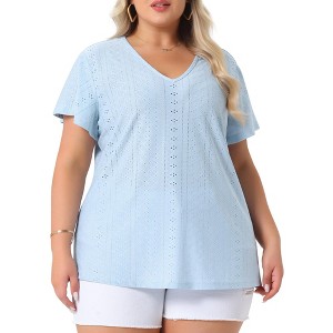 Agnes Orinda Women's Plus Size V Neck Eyelet Short Sleeve Casual Trendy Blouses - 1 of 4