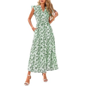 Coolmee Women's Summer Floral Midi Dress Casual Cap Sleeve V Neck Ruffle Tiered Flowy Boho Long Sundresses - 1 of 4