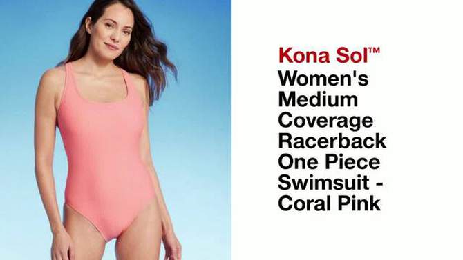 Women's Medium Coverage Racerback One Piece Swimsuit - Kona Sol™ Coral Pink, 2 of 6, play video