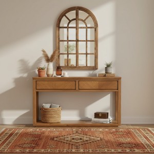 Spassway Entryway Console Table with Window-Pane Mirror Set 2 Drawers Storage Table With Open Shelf Decorative Rustic Mirror for Hallway Living Room - 1 of 4