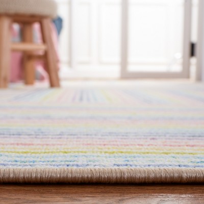 Ivory and Blue Geometric Stripes Kids Playhouse Rug, 6'7" x 9'