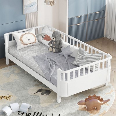 NicBex Twin/Full/Queen Kids Platform Bed Frame with Safety Guardrails & Detachable Fence,Modern Toddler Bed for Bedroom,Kids Room