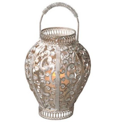 Northlight 13" Distressed Gray and Gold Scroll Cut-Out Pillar Candle Lantern