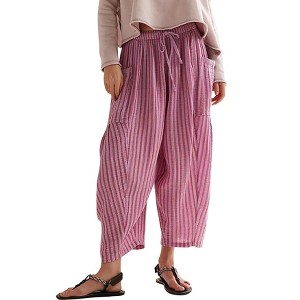 Womens Pants Striped Elastic Waist Crop Pleated Wide Leg Pants - 1 of 3