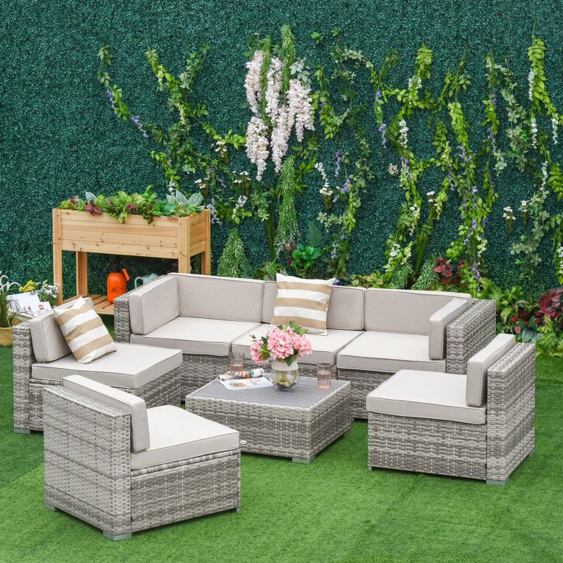 Outsunny 7-Piece Patio Furniture Sets Outdoor Wicker Conversation Sets All Weather PE Rattan Sectional sofa set with Cushions & Slat Plastic Wood Table, 3 of 10
