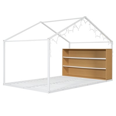 TiramisuBest Full Size Metal Bed House Bed Frame with Shelves and Lights - White Metal Design