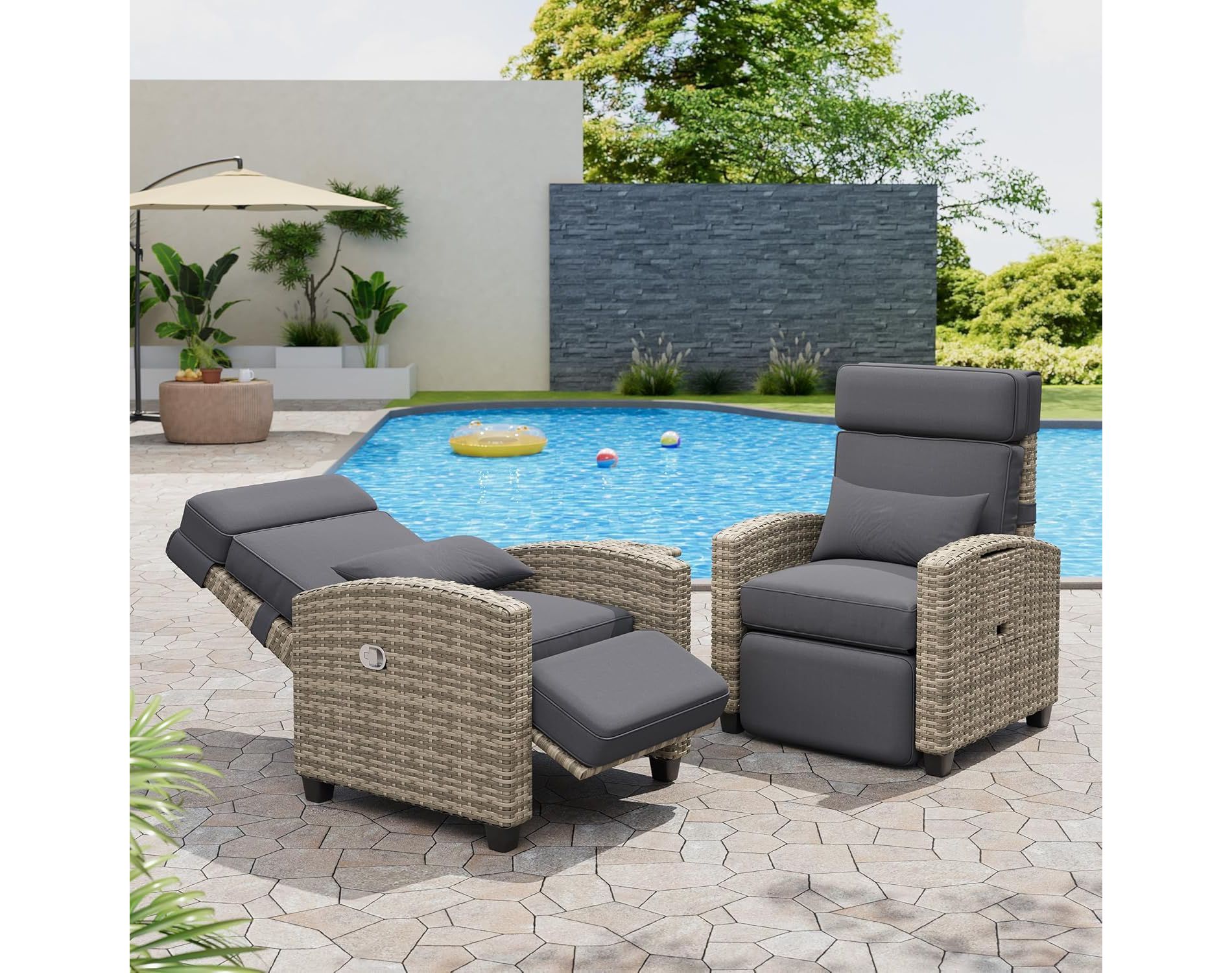 Outdoor Recliner Chair, Patio Lounge Chair with Adjustable Backrest & Footrest, 145¡ã Reclining Chair, Flip-Up Side Table and Removable Gray Cushion