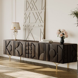 POVISON 70.87" Mid-Century Modern TV Stand, Red Oak Veneer Smoky TV Console, Wood Media Console, Metal Legs, Perfect for 65-inch TVs - 1 of 4