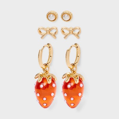 Bow and Strawberry Hoop Earring Set 3pc - Wild Fable™ Gold