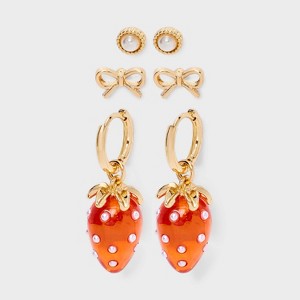 Bow and Strawberry Hoop Earring Set 3pc - Wild Fable™ Gold - 1 of 3