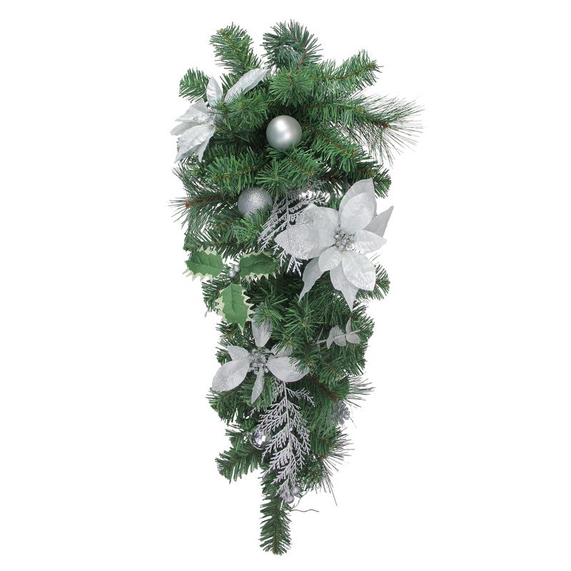 Northlight 32" Unlit Silver Poinsettia and Pinecone Artificial Christmas Teardrop Swag, 1 of 3