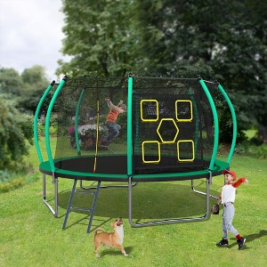 GDFStudio Guy Outdoor/Indoor Steel Ladder Round Trampoline with Enclosure and Toss Game Accessory, Green/12FT - 1 of 4