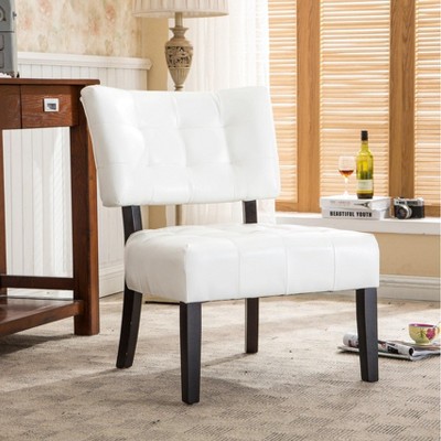 Ivory Faux Leather Tufted Slipper Chair with Wood Legs