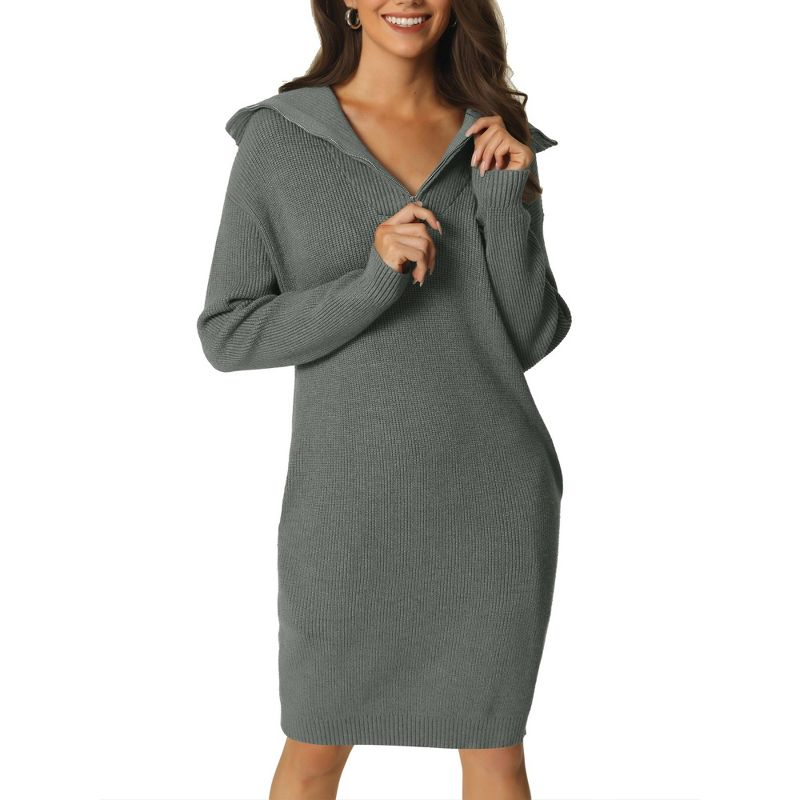 Seta T Women's Fall Winter Zipper V Neck Long Sleeve Slim Fit Casual Sweater Dress, 1 of 6