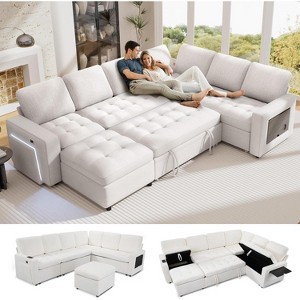Vipbear 7-Seat Modular Sectional Sleeper Sofa with Pull-Out Bed, Reclining Backrest, USB Ports, Table, LED Lights & Storage Seats,Gray - 1 of 4