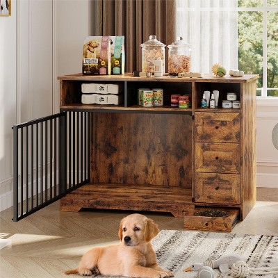 48" Large Dog Crate Furniture, Farmhouse Dog Kennel with Built-in Dog Bowl, 3 Drawers & Open Shelves, Heavy-Duty Wooden Dog Crate Table