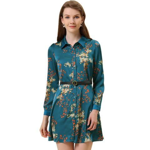 Женские платья INSPIRE CHIC Women's Long Sleeve Button Down Floral Satin Dress Peacock Blue Medium