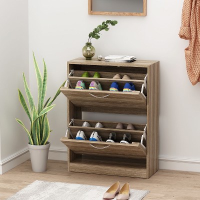 Natural Wood Shoe Storage Cabinet with Louver Doors and Flip Drawers