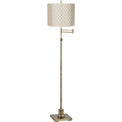 360 Lighting Swing Arm Floor Lamp Adjustable Height Antique Brass Off White Embroidered Hourglass Fabric Drum Shade Living Room