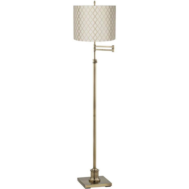 360 Lighting Swing Arm Floor Lamp Adjustable Height 70" Tall Antique Brass Off White Embroidered Hourglass Fabric Drum Shade Living Room, 1 of 5