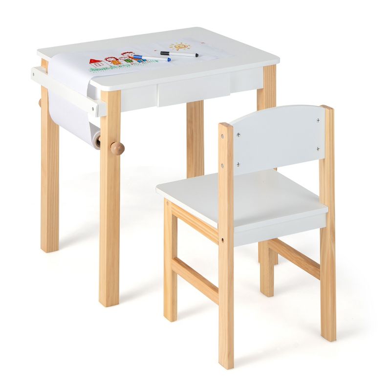 Costway Kids Table and Chair Set Wooden Activity Drawing Study Desk with Paper Roll  Drawer, 1 of 11