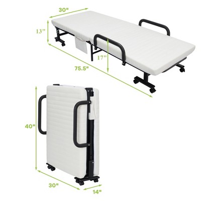 White Twin Folding Metal Frame Bed with Upholstered Mattress and Drawer
