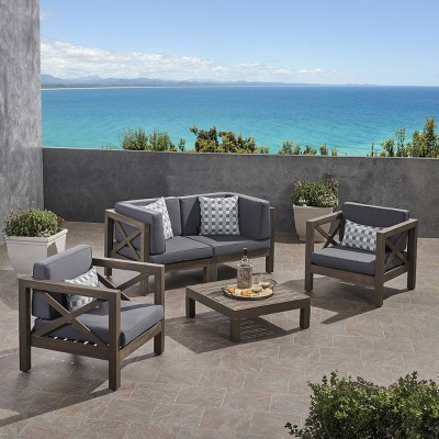 Brava 5pc Acacia Wood Loveseat Patio Chat Set - Gray/Dark Gray - Christopher Knight Home