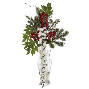 Nearly Natural 25-in Wisteria, Iced Pine and Berries Artificial Arrangement in Glass Vase - 1 of 3