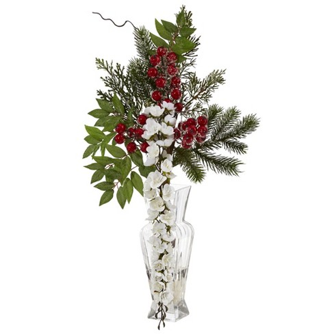 Nearly Natural Holiday Winter Greenery, Berries and Plaid Bow Artificial  Christmas Arrangement Home Decor, 28