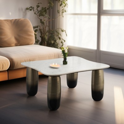 White Marble and Gold Metal Square Coffee Table
