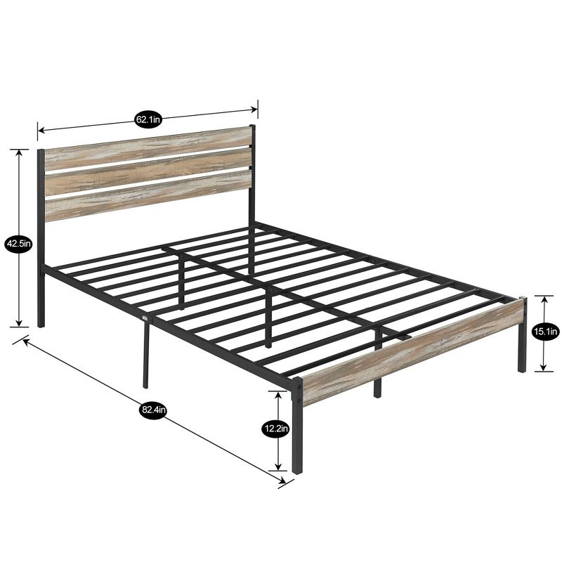 VECELO Platform Bed Frame with Rustic Vintage Wood Headboard and Footboard, Sturdy Metal Slats, No Box Spring Required, 5 of 14