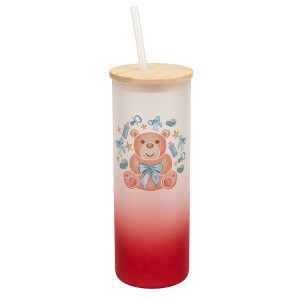 Elanze Designs 25 Ounce Frosted Glass Gradient Travel Tumbler With Straw and Wooden Lid, Boy Teddy Bear Red - 1 of 1