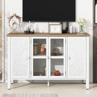 LIVAREEmlen 47.2'' Retro TV Stand for TVs up to 43 Inches with 3 Spacious Cabinets, Glass Cabinet Doors and Anti-tip Device