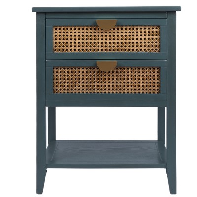 VYNXARIA Natural Rattan - Adorned Green 2 - Drawer End Table: Ideal for Bedroom, Living Room & Study