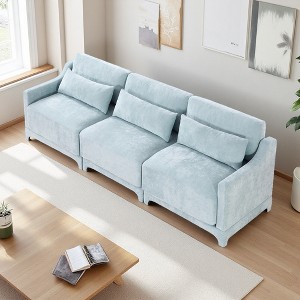 Chenille 3-Seater Sofa with Wooden Base & Lumbar Pillow - 1 of 4