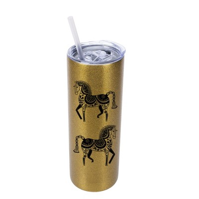 Elanze Designs Majestic Floral Horse 20 Ounce Double-Walled Stainless Steel Insulated Slim Travel Tumbler with Lid and Straw, Vegas Gold