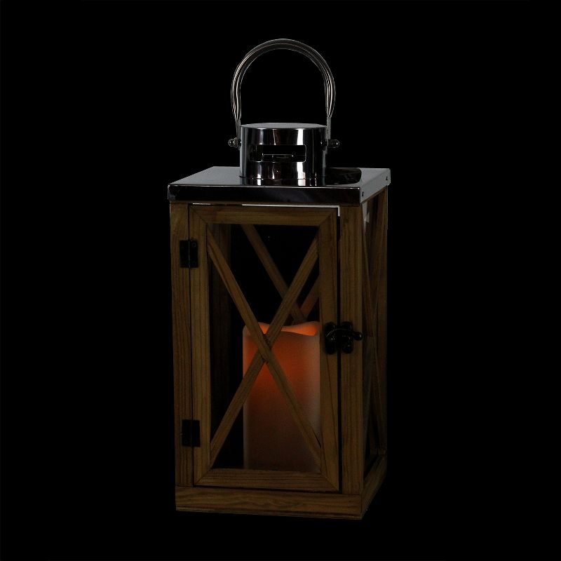 Northlight 13.5" Rustic Wood and Stainless Steel Lantern with LED Flameless Pillar Candle with Timer, 3 of 5