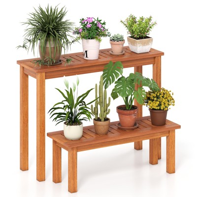 Tangkula Wooden Plant Stand Set of 2 w/ Teak Oil Finish Slatted Top Rustic Plant Rack