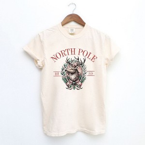 Simply Sage Market Women's North Pole Reindeer Oval Wreath Short Sleeve Garment Dyed Tee - 1 of 4