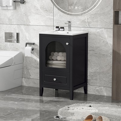 VYNXARIA 20" Bathroom Vanity with Sink, Bathroom Cabinet with Soft Closing Glass Door, A Drawer, Black