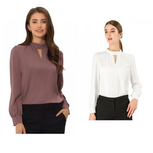 INSPIRE CHIC Women's Office Keyhole Elegant Stand Collar Long Sleeve Button Blouse 2 Packs - 1 of 4