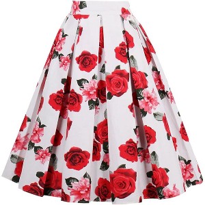 Women's Vintage Floral Midi Skirt - Pleated A-Line Skirt with Pockets A-white-rose - 1 of 4